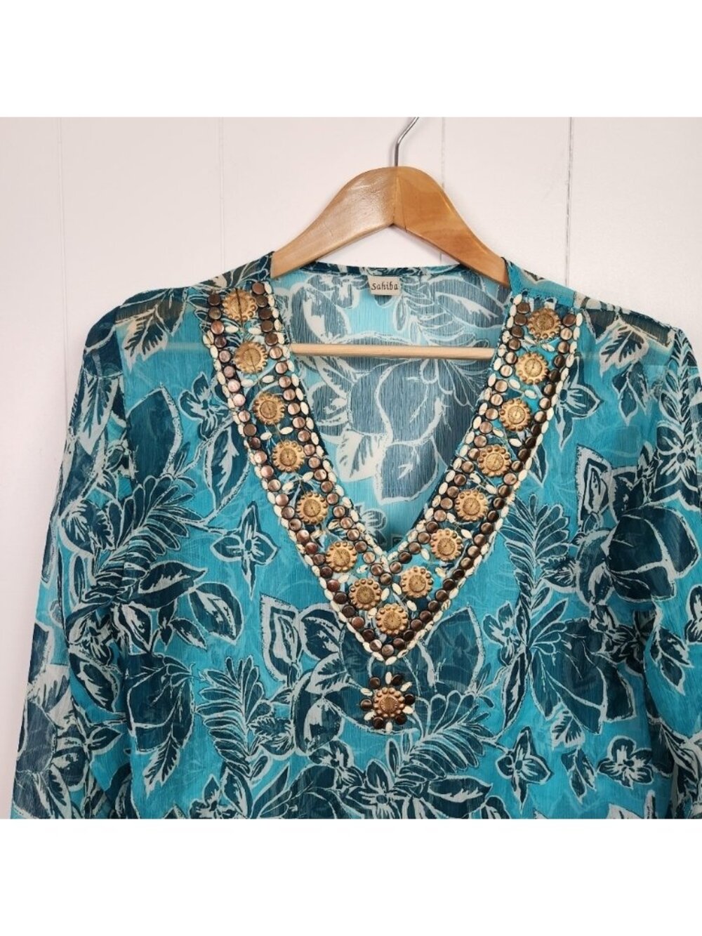 Sahiba Blue Tunic 3/4 Sleeves Swim Cover-Up Top Beaded Boho Bohemian Beach - Picture 3 of 9
